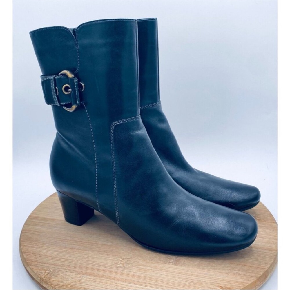 Ecco 9 / 40 Black Mid Calf Leather Buckle Square Toe Heeled Boots